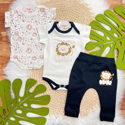 Conj. de Malha 3 peças-  Leãozinho e Safari - Off White e Preto